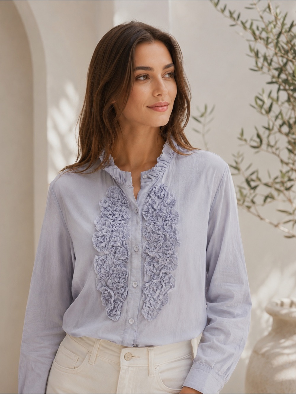 Ann Taylor/LOFT Lavender Ruffle-Front Button Blouse - Picture 1 of 6